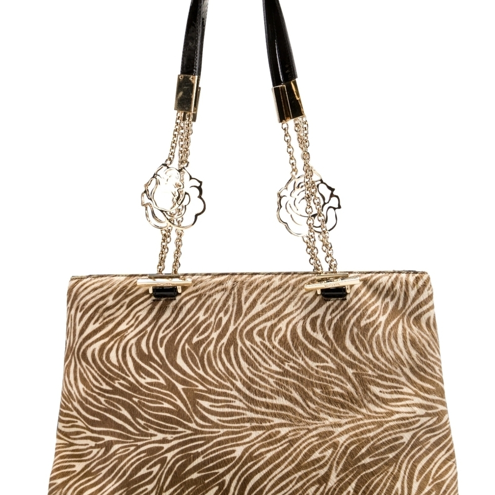 Versace Animal Print Pony Hair Shoulder Bag with Gold Hardware/Chain-Link Straps
